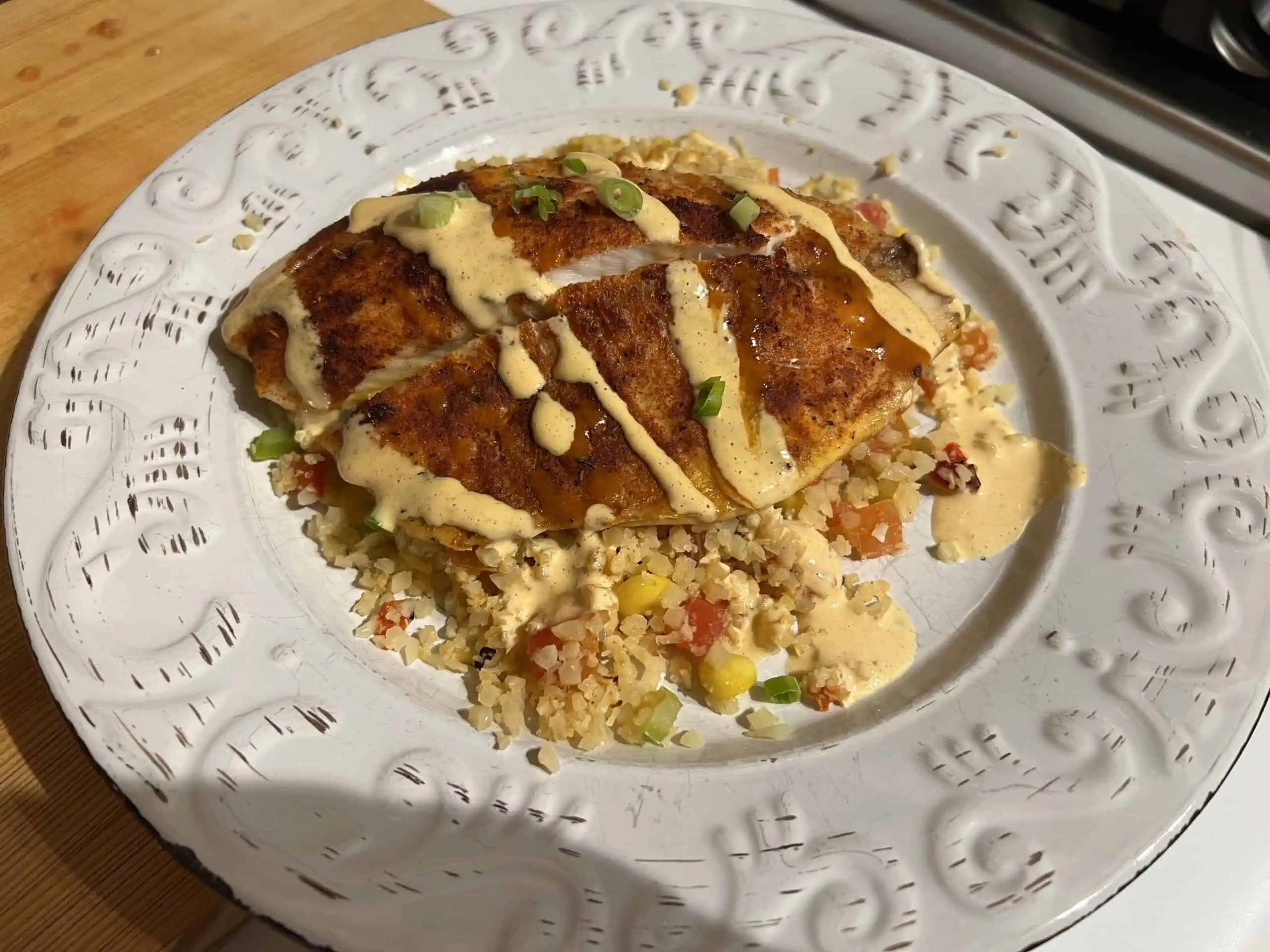 green chef tilapia with dirty cauliflower rice