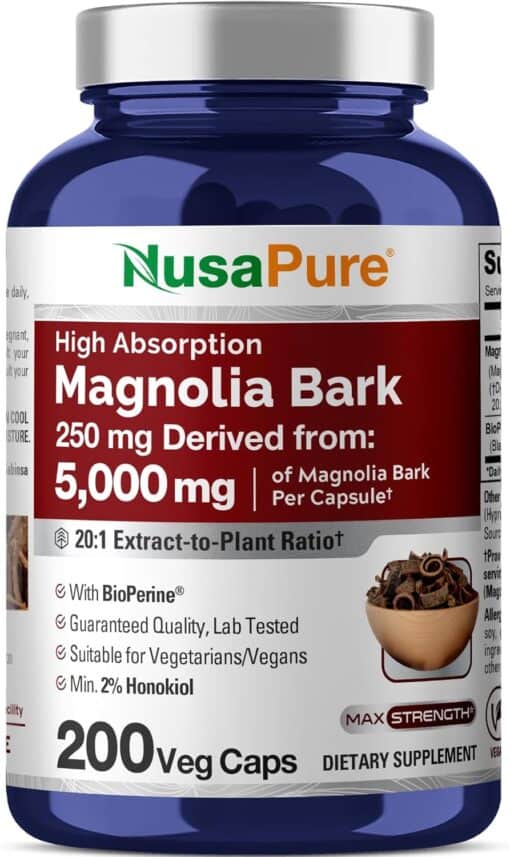 NusaPure Magnolia Bark Extract, 250 mg Equivalent to 5,000 mg 200 Vegan Vegetarian Capsules